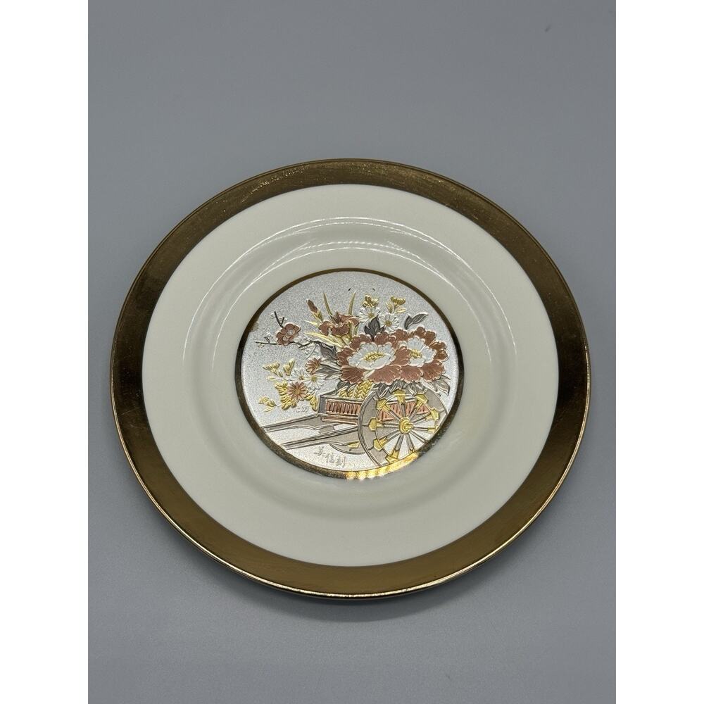 Vintage The Art‎ of Chokin Flower Cart 24K Gold Edged Plate 6" Diameter READ